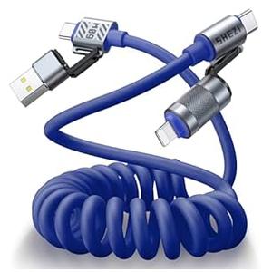 4-in-1 Coiled USB C Cable for Car 5FT [60W Fast Charging] Compatible with Lightning Cable [CarPlay & Android Auto] Multi Charger Cord Combo with L/Type C/USB A Ports for iPhone/iPad (blue)