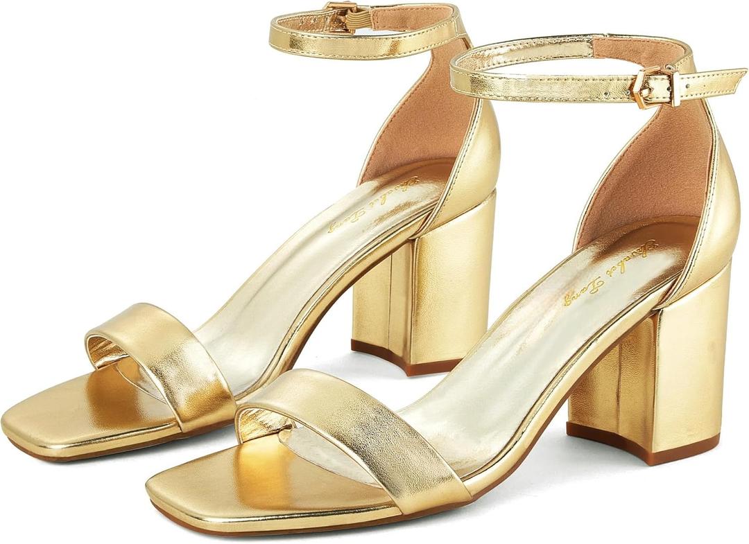 Elisabet Tang 2.36 inch Open Toe Ankle Strap Chunky Heels Pump Sandals Party Dress Sandals Daily Work Wedding Buckle Heels Sandals Shoes (7.5, Gold)