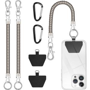 takyu Phone Tether, 2PCS Phone Leash Anti-theft Phone Strap with 2*Tab and 2*Carabiner for Hiking Climbing Shopping Fit for iPhone Samsung Most Smartphones (Silver)