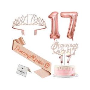 Dancing Queen Party Decorations 17 with Dancing Queen Sash and Tiara, Cake Topper and Candles, Number Balloons, 17th Birthday Decorations for Girls, 17 Year Old Gifts for Girls