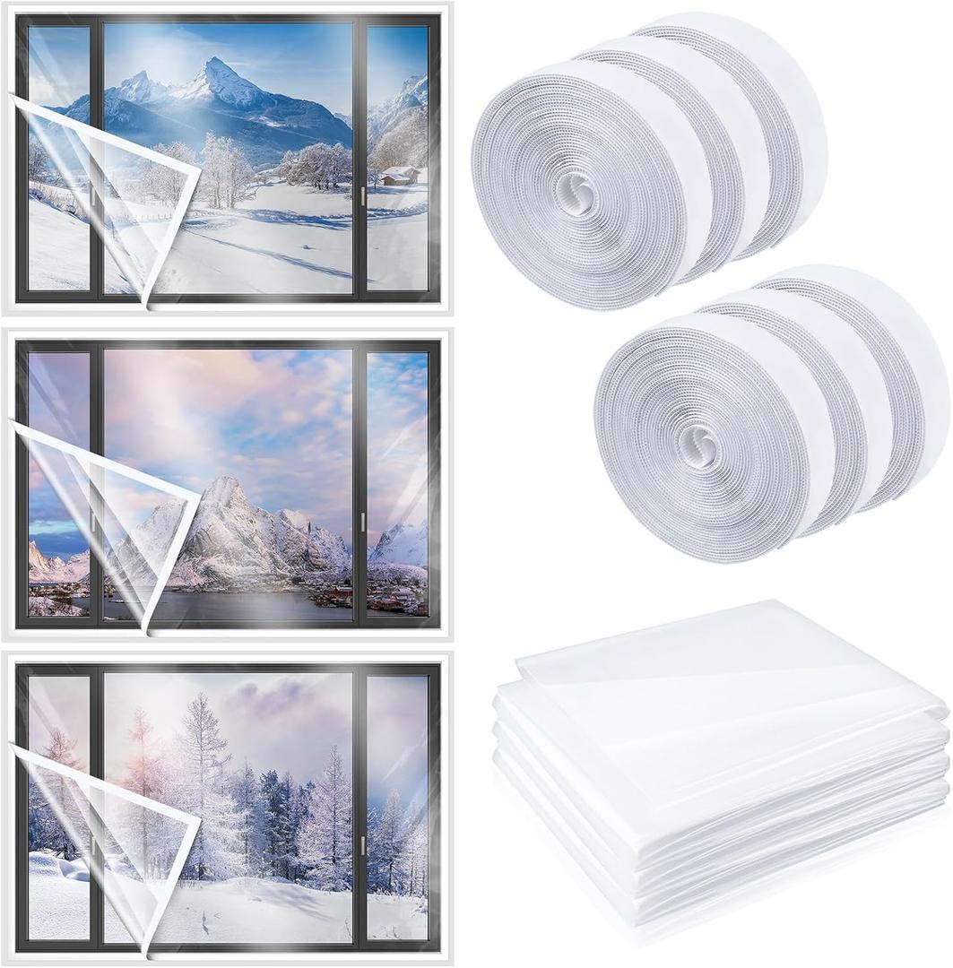 3 Sets 87 x 118 Inch Window Insulation Kit Cuttable Transparent Film with Adhesive Straps Reusable Window Plastic for Patio Winterizing Thicken Warm Winter Waterproof Attic Insulation Cover