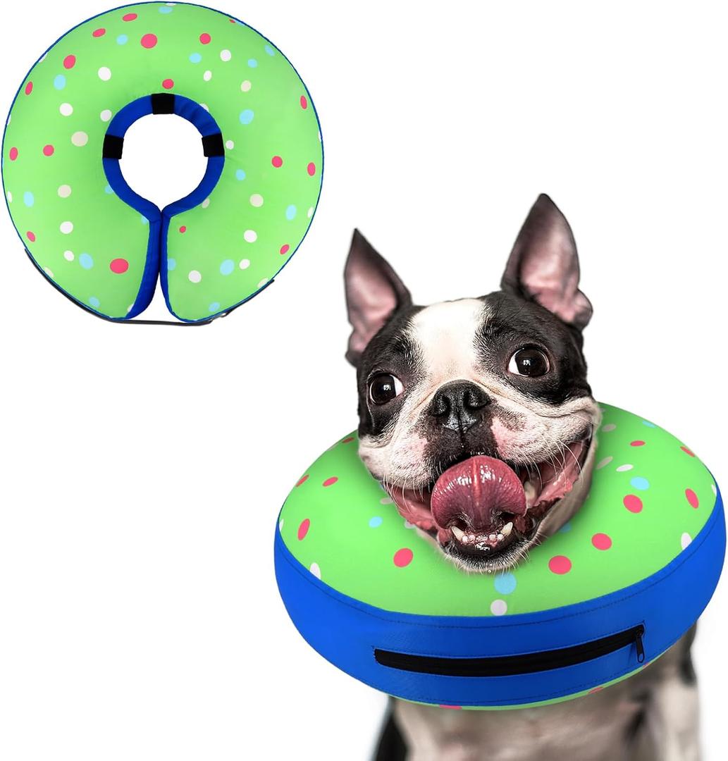 Supet Inflatable Dog Cone Collar Alternative After Surgery, Doggie Neck Donut Collar Recovery ECollar for Post Surgery, Soft Dog Cone, Cats, Donut Green, S(Neck 7"-9.5")