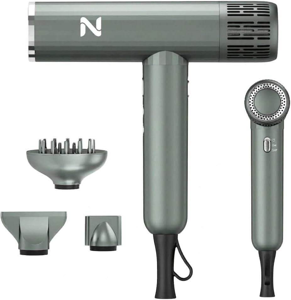 Natrial Ionic Professional Hair Dryer with Diffuser for Curly Hair,1600W&110000RPM High Speed Blow Dryer for Women,Fast Drying,Lock Function,Low Noise,Lightweight for Home Travel Salon,Misty Gray