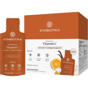 CYMBIOTIKA Liposomal Vitamin C Supplement, Immune Health, Skin Health, Healthy Aging, Enhanced Absorption, Gluten Free, Soy Free, Plant-Based, Orange Vanilla Flavor, 28 x 15 mL Liquid Packets, EXP 12/2026