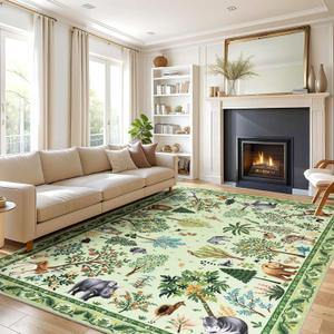 9x12 Area Rug for Living Room Nursery Jungle Animal Print Rug for Kid Boy Playroom Large Rug Non Slip Carpet for Bedroom, Farmhouse, Dining Room, Light Green