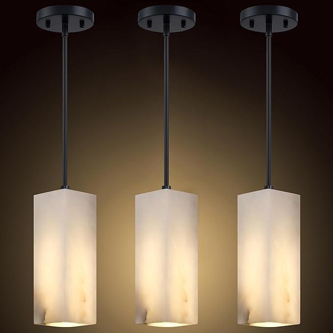 3 Pack 1 Light Square Natural Alabaster Marble Modern Industrial Farmhouse Hanging Kitchen Island Pendant Ceiling Light Fixture, Grey Finish Over Sink Restaurant bar Corridor