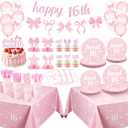 Moukeren 244 Pcs Sweet 16 Birthday Party Supplies Coquette Pink Bow 16th Birthday Decoration Include Bow Plates Napkins Cups Banner Tablecloth Cake Topper Balloons Theme Tableware for 16th Girls