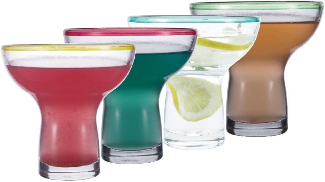 Chefcaptain Stemless Margarita Glasses/Tumblers, Set Of 4, 16 Oz, Color Rim, Lead-Free Thick Clear Glass