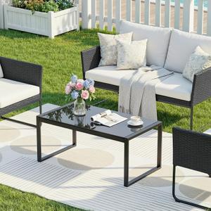 ONBRILL Rectangle Coffee Table with Tempered Glass Desktop, Galvanized Frame Outdoor Coffee Table with Adjustable Feet for Patio, Balcony, Deck, Living Room, Black