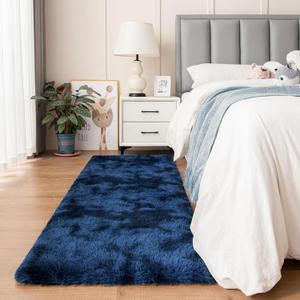 duduta Navy Blue Fluffy Plush Runner Rugs 2x6 ft Tie Dye Rectangle Shag Rug for Bedroom Dorm Living Room Kids Room, Machine Washable Anti-Slip (2x6ft, Tie-dyed Navy Blue)