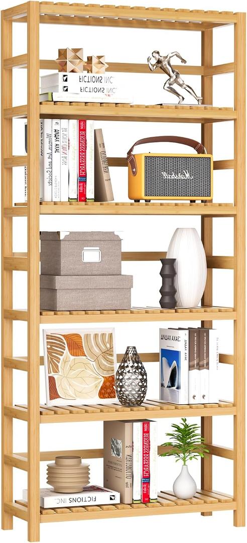 VASMIA 6-Tier Bamboo Shelf,Bamboo Storage Shelving Unit,Tall Bookcase with Adjustable Shelves,Multipurpose Storage Display Shelf for Bathroom, Living Room, Balcony, Kitchen,Natural