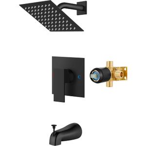 Airuida Shower Faucet Set with Tub Spout Bathtub Faucet Kit Shower Tub Faucet Set Complete Tub Shower Trim Kit with Solid Brass Rough-in Valve and Rainfall Square Showerhead,6 Inch-Matte Black