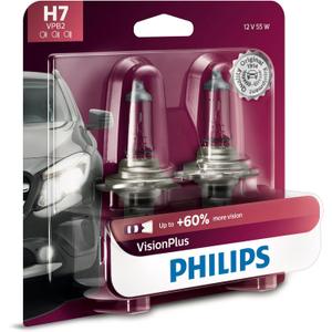 Philips Automotive Lighting H7 VisionPlus Deluxe Upgrade Automotive Replacement Headlight Bulb, Fits Select High Beam, Low Beam, or Fog Positions (Pack of 2)