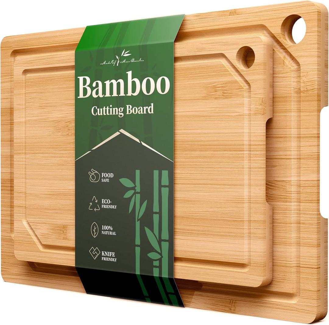 Kitsure Bamboo Cutting Board Set - Multi-Sizes Wooden Cutting Boards for Kitchen, Convenient Kitchen Essentials with Deep Juice Grooves, Cutting Board for Chopping & Serving, 2 Pack, Natural (Large + Medium)