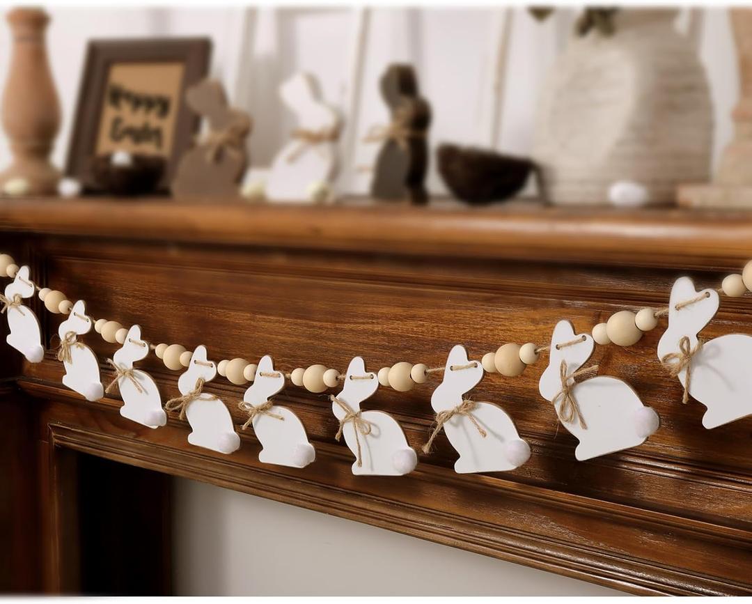 Easter Decorations Garlands, Cute Bunny Easter Garland with Wooden Beads, Rustic Banner for Mantel, Wall, Home, Office, School Indoor Outdoor Spring Decor Supplies