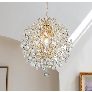 Bestier Modern Gold Pendant Chandelier Crystal Raindrop Lighting Ceiling Light Fixture Lamp for Dining Room Bathroom Bedroom Livingroom entryway 3 E12 Bulbs Required D16 in x H18 in