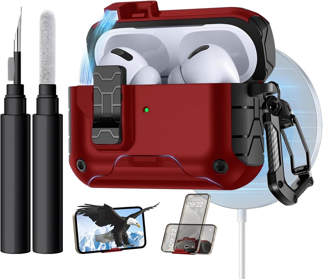 Lerobo for AirPods Pro 2 Case with Phone Stand, Hard Protective Cover with Cleaner Kit Compatible with Magsafe for AirPod Pro Case Cover, Magnetic Automatic Lock,Drop Protection, Wireless Charging,Red