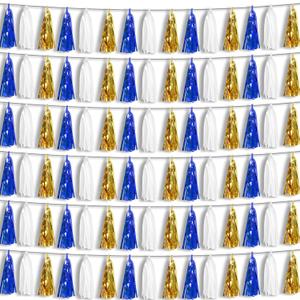 6P Navy-Blue White-Gold Foil Fringe Metallic Tassel-Garland, Tassels Banner Streamers for Parade Floats, Bachelorette, Wedding, Birthday, Graduation, Christmas, Bridal/Baby Shower Party Decorations