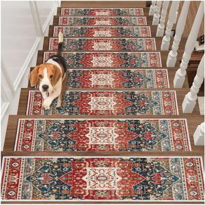 Edging Stair Treads Non-Slip Carpet Mat, 30in X 8in Indoor Stair Runners for Wooden Steps, Rubber Backing Stair Rugs for Kids Elders and Pets(Red,15PCS)