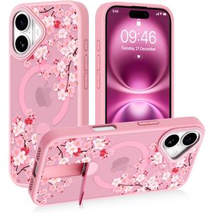 AIGOMARA Magnetic Stand for iPhone 16 Case, Aesthetic Cute Pink Floral Flower Design for Women Girls, Compatible with Magsafe, Slim Translucent Matte Protective Kickstand Phone Case