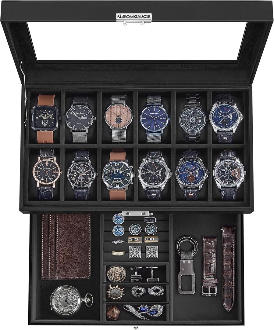 SONGMICS 12-Slot Watch Box, Lockable Watch Case with Glass Lid, 2 Layers, with 1 Drawer for Rings, Bracelets, Gift Idea, Black Synthetic Leather, Black Lining UJWB012B03 (Black + Black)