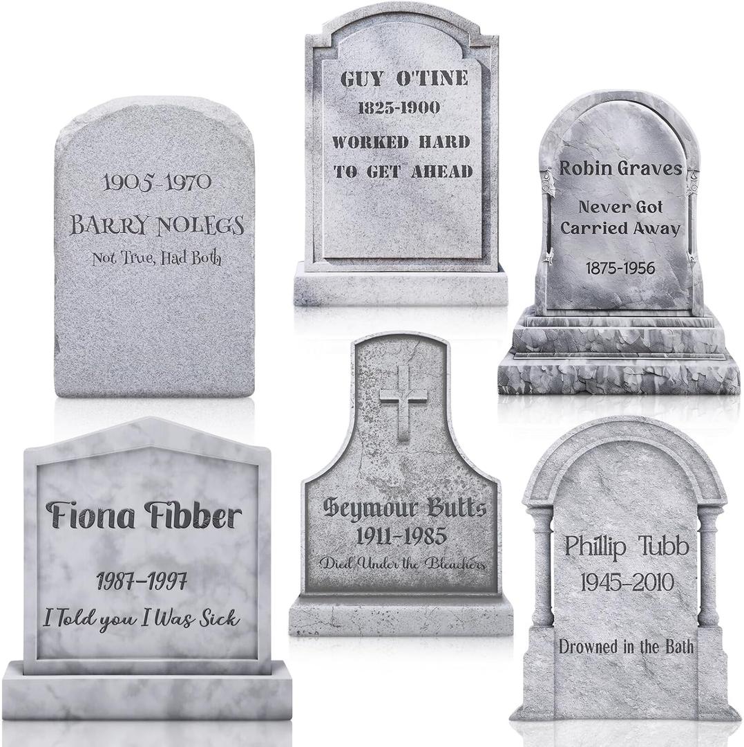 Blosssound 6 Pcs Funny Halloween Tombstone Yard Signs Humor Gravestone Headstone Outdoor Decorations with Stakes Waterproof Graveyard Lawn Yard Signs for Halloween Garden Decor