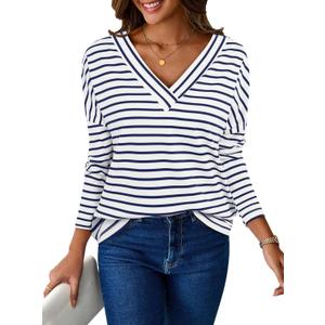 LilyCoco Womens V Neck T Shirts Breton Loose Fit Striped Long Sleeve Shirt Tshirt Blue Small