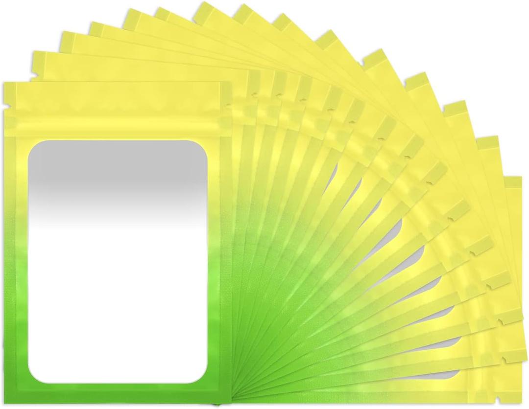 100 Pack Resealable Mylar Bags 3 x 4.7 Inch Smell Proof Bags with Clear Window Foil Pouch Bag Flat Bag Matte Yellow Green