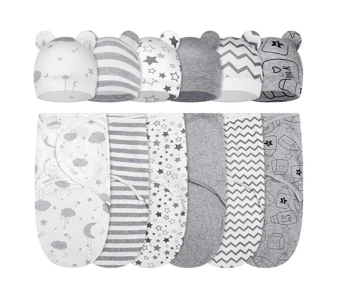 Ramede 6 Pack Baby Swaddle Blanket with Hats Sleep Swaddle for 0-3 Months Newborn Sacks Soft Cotton Wearable for Boy Girl (Cloud,Grey)