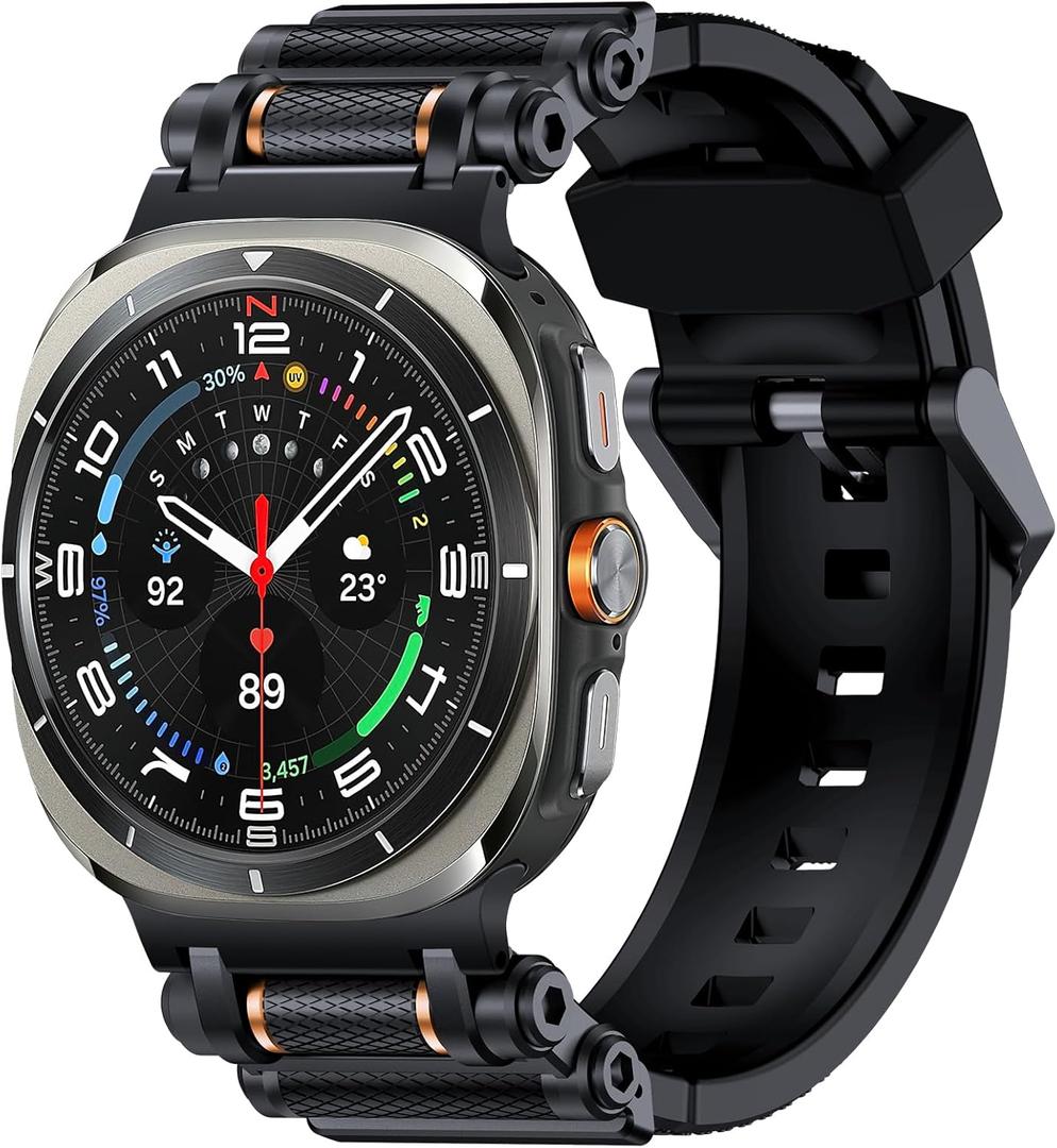 TAURI Designed for Samsung Galaxy Watch Ultra Bands 47mm (2025/2024) [Durable Liquid Silicone Strap + Stainless Steel Metal Connector] Military Rugged Band for Galaxy Watch 7/8 Ultra Men Women, Black