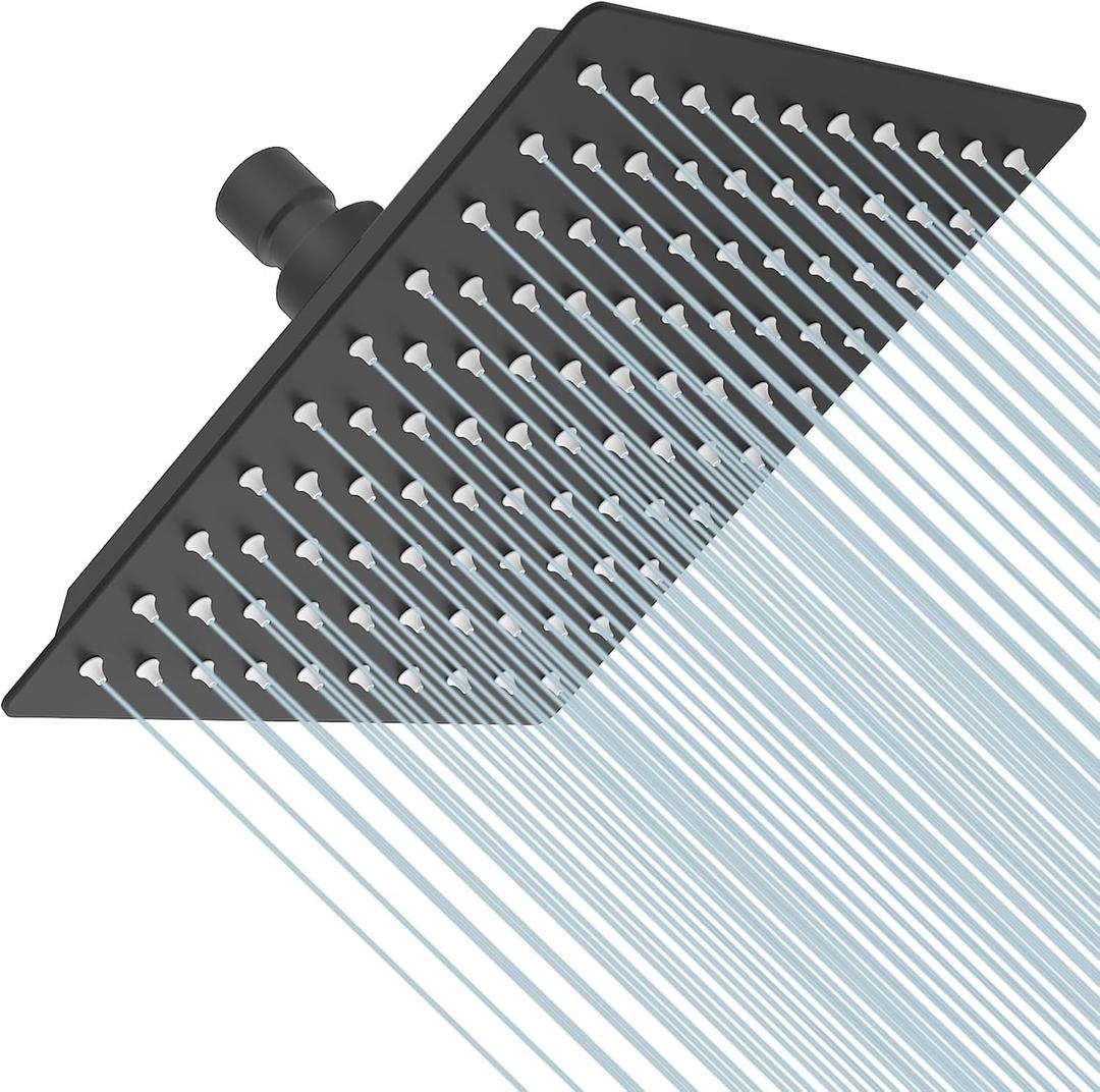BESy 8 Inch Rain Shower Head, 8" Square Rainfall & High Pressure Stainless Steel Bath Showerhead, 1/16" Ultra Thin, Waterfall Full Body Coverage with Silicone Nozzle, Matte Black Finish