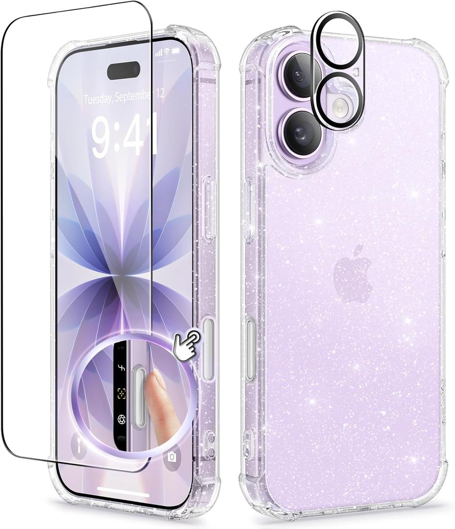 GVIEWIN for iPhone 17 Case, with Screen Protector+Camera Lens Protector, [NonYellowing] Clear Floral Slim Shockproof Protective Hard PC Back Women Phone Case for iPhone 17 6.3", Twinkle Clear