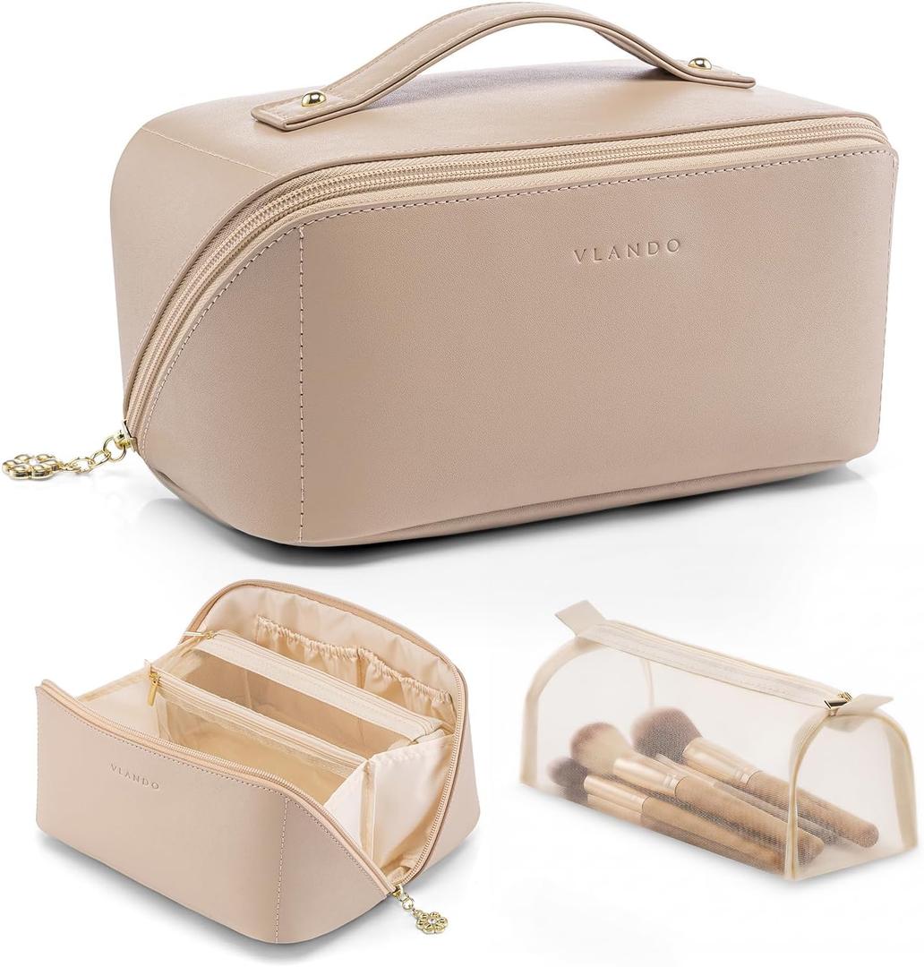 VLANDO Makeup Bag,Travel Toiletry Bag,Cosmetic Bag for Women PU Leather Portable Make up Bag for Skincare, Brushes & Travel Essentials-Toffee