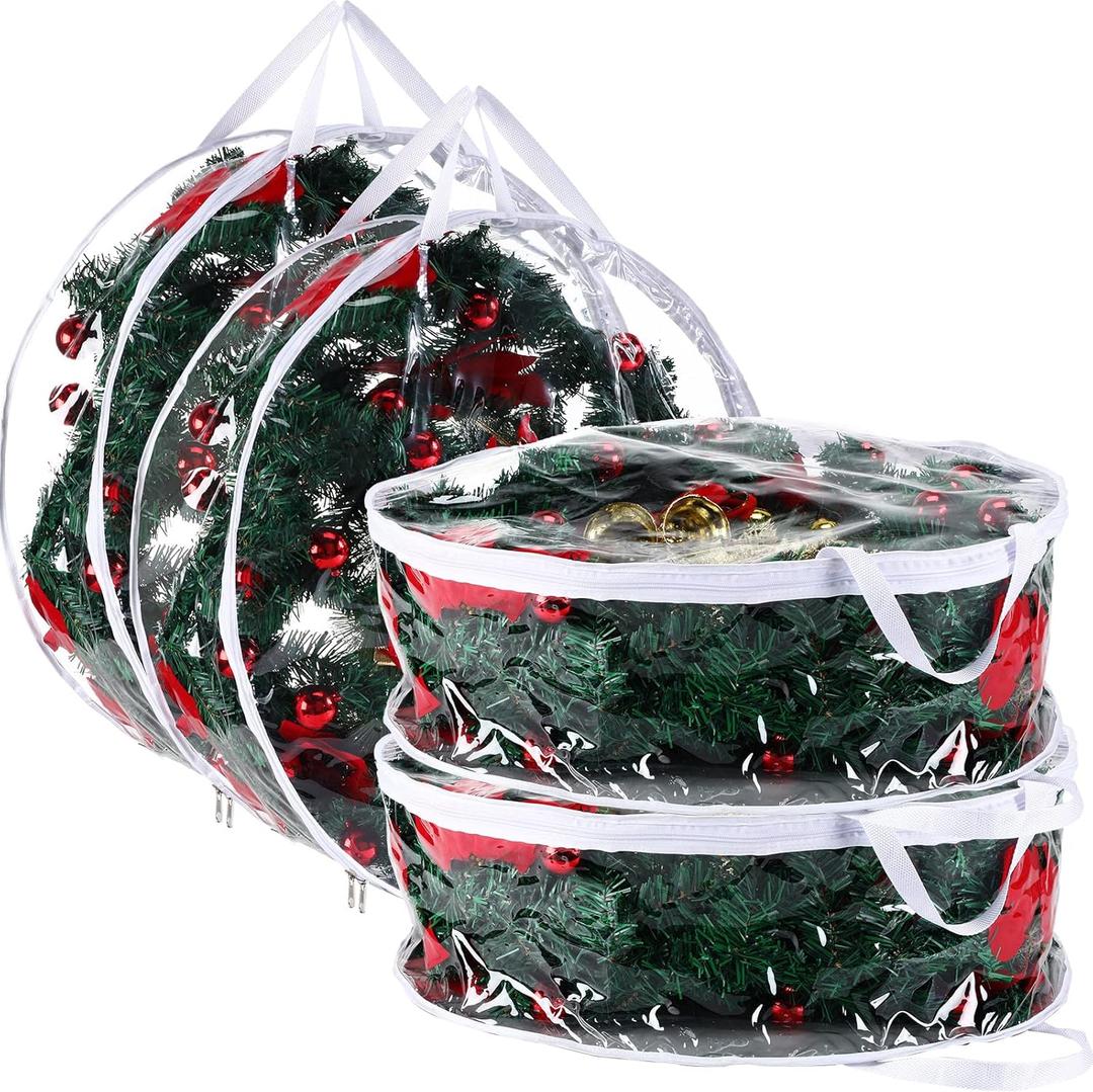 Shappy 4 Pieces Christmas Wreath Storage Container 30 Inch Wreath Plastic Storage Bags with Dual Zippers and Handles for Xmas Thanksgiving Holiday Artificial (Clear)