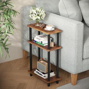 Apicizon Small Narrow Side Table, 3-Tier Skinny End Table for Small Spaces, Slim Nightstand with Storage Shelf, Bedside Table for Living Room, Bedroom, Rustic Brown and Black