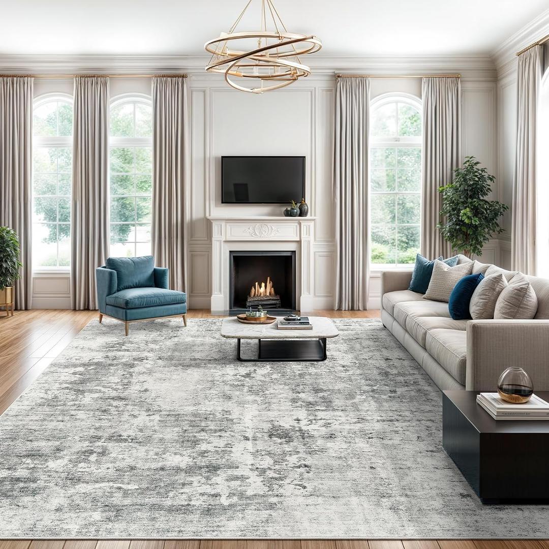 Soalmost Abstract Rug 8x10 Large Living Room Rugs Neutral Modern Washable Area Rugs for Bedroom Dining Room Non-Slip Stain Resistant Foldable Thin Rug Gray White