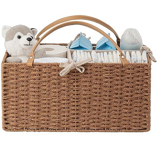 HBlife Large Baby Diaper Caddy Organizer, Paper Rope Storage Baskets Nursery Bin with Removable Divider, Portable Car Organizer for Diapers, Baby Shower Gifts, Newborn Essentials Must Haves