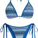 ZAFUL Women's Colorblock Stripes Triangle Halter Tied Cheeky Thong Bikini Set High Cut Two Piece Bathing Suit (2-royal Blue)