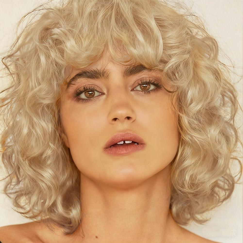 Kaneles Short Blonde Curly Wigs for Women Shoulder Length Naturel Hair Wigs Natural Looking Bob Wig with Bangs Cosplay Daily Party Use(Blonde)