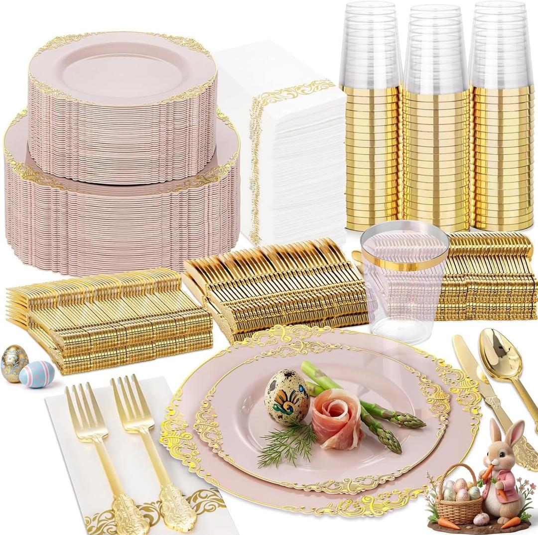 Nervure 350PCS Pink Plastic Plates - Pink Plastic Dinnerware Sets for 50 Guests - 100 Disposable Plates, 150 Gold Silverware, 50 Cups, 50 Napkins Perfect for Wedding & Party & Easter