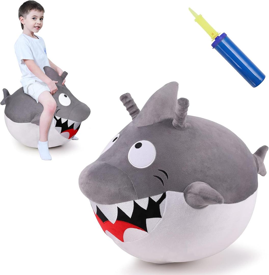 iPlay, iLearn Bouncy Pals Kids White Shark Hopper Ball, Toddler Ride on Bounce Toy, Outdoor Indoor Inflatable Jumping Animal W/Handle, Bouncing Hop Jumper, Birthday Gift for 2 3 4 5 Year Old Boy Girl
