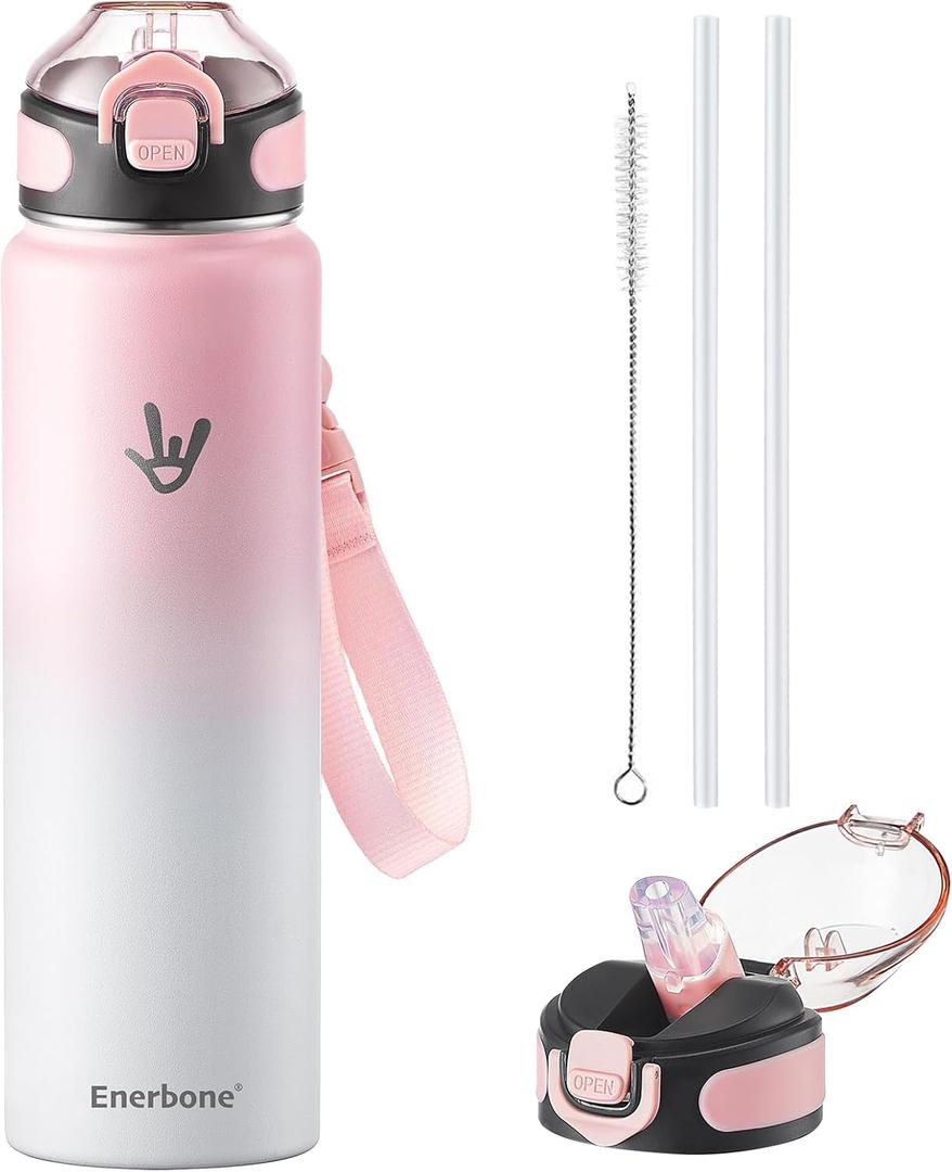 Enerbone 32 oz Insulated Water Bottle, Stainless Steel Bottle with Carrying Strap, Double-Wall Vacuum Insulation Design, Leakproof Sports Bottle with Straw, Keep Drinks Cold or Hot for Hours (Cotton)