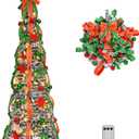 VINGLI 6ft Pre-Lit Pop Up Christmas Tree with 150 Lights, Fully Decorated Flocked Pencil Collapsible Tree for Holiday Party Decorations (Red & Green)