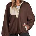 Dokotoo Winter Clothing for Women Chocolate Brown Fall Clothes Color Block Sweatshirt Button V Neck Long Sleeve Thanksgiving Outfit Fuzzy Fleece Oversized Sherpa Cute Sweatshirts Tops Coats Medium. Size M