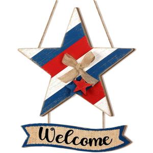 Lineshading 4th of July Door Decorations Patriotic Welcome Wreath for Front Door 250th Anniversary Hanging Sign Wooden Red White Blue Star Sign with Bow for Memorial Day Home Wall Indoor Porch Window
