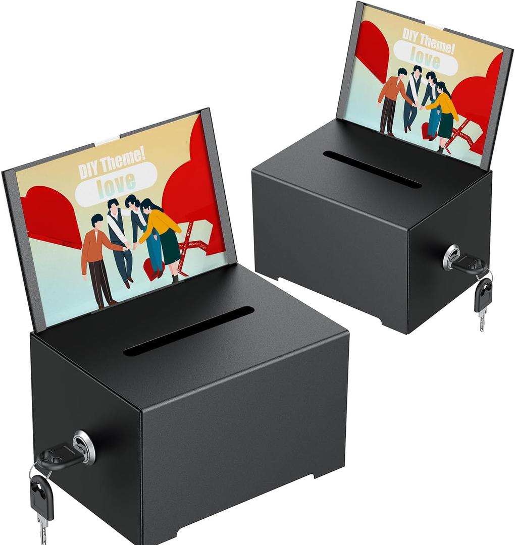 Uniclife 2 Pack Metal Donation Box for Fundraising, Suggestion Box with Slot and Lock, Black Ballot Boxes with Sign Holder, Storage Container for Voting Charity Tip Collection, 6.4" x 4.7" x 4"