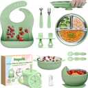 13 Pack Silicone Baby Feeding Set, BPA-Free Stainless Steel Toddler Feeding Supplies, Include Suction Plates, Baby Bowls, Silicone Fork & Spoon, and More, First Stage Baby Dish Set - 6+ Months (Green)