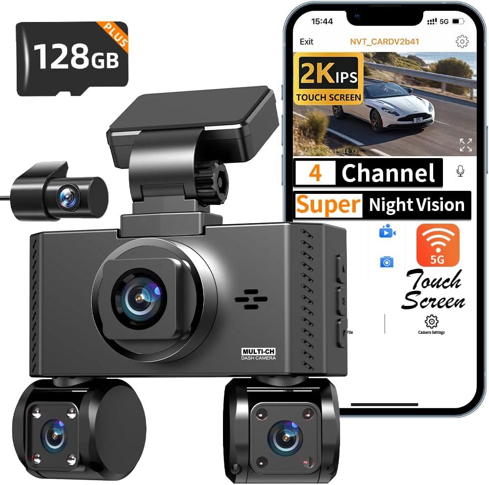 4 Channel Dash Cam Front and Rear Inside Left Right Car Dash Camera 360 View, 2K QHD Car Camera Supper Night Vision with 128GB Card, 5G WiFi 3.16 IPS Touch Screen, G-Sensor,24H Parking Mode