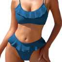 ZAFUL Ruffle Bikinis for Women Scoop Neck Swimsuits Lace Up Bikini Sets Padded Swimwear High Cut 2 Piece Bathing Suits (Large, Solid:peacock Blue)
