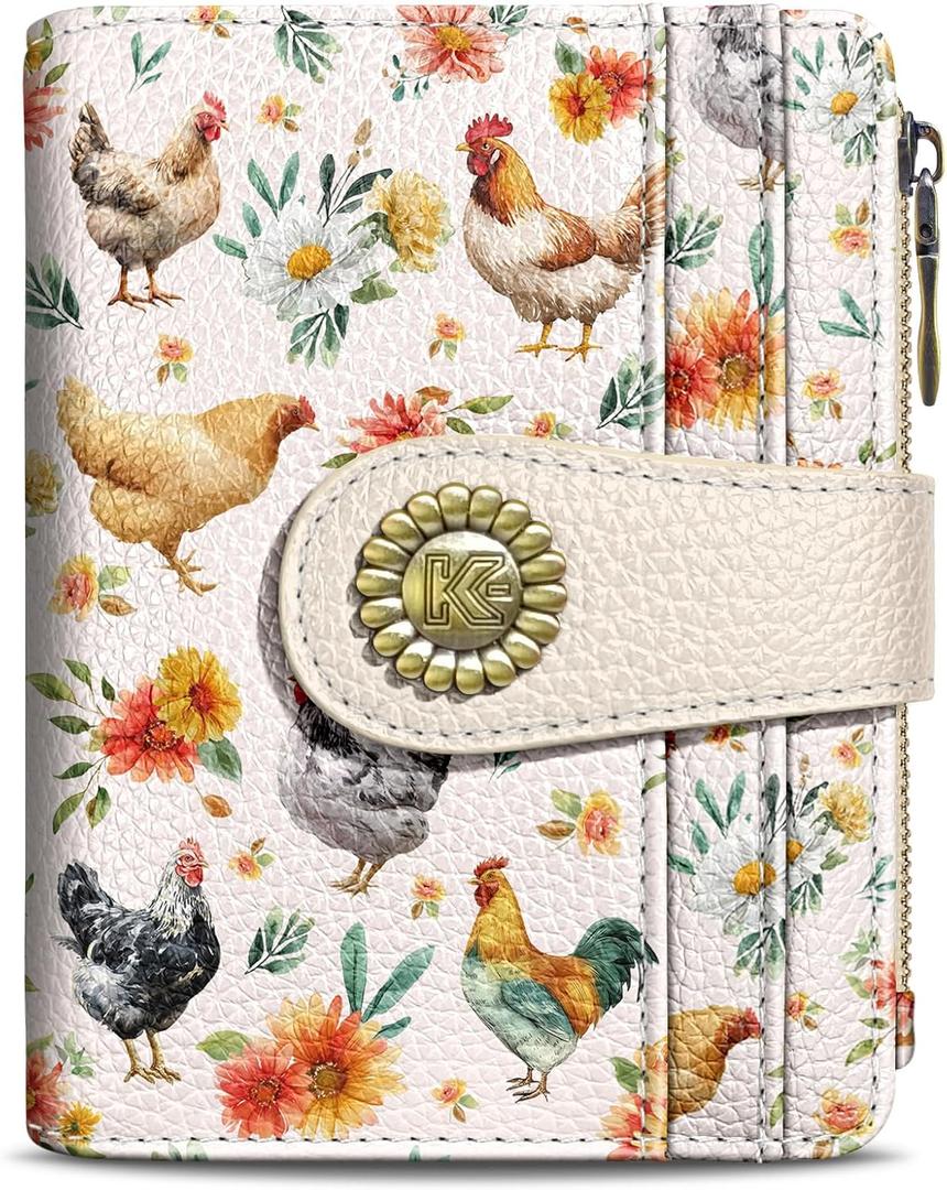 Roosters Chicken Small Rfid Women Wallet Bifold Zipper Coin Pocket PU Leather Compact Cash Credit Card Holder Travel Wallet for Female Ladies Teen Girls 1 ID Window 10 Card Slots